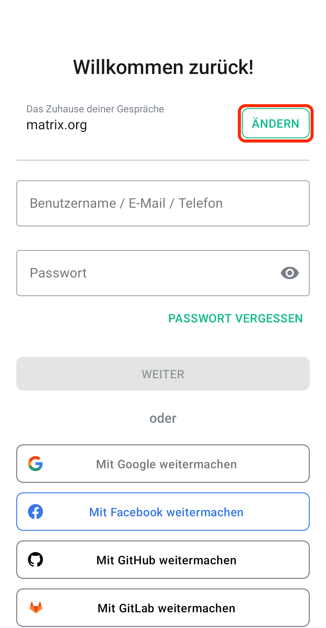 Zweiter Schritt zur Anmeldung von Element unter Android