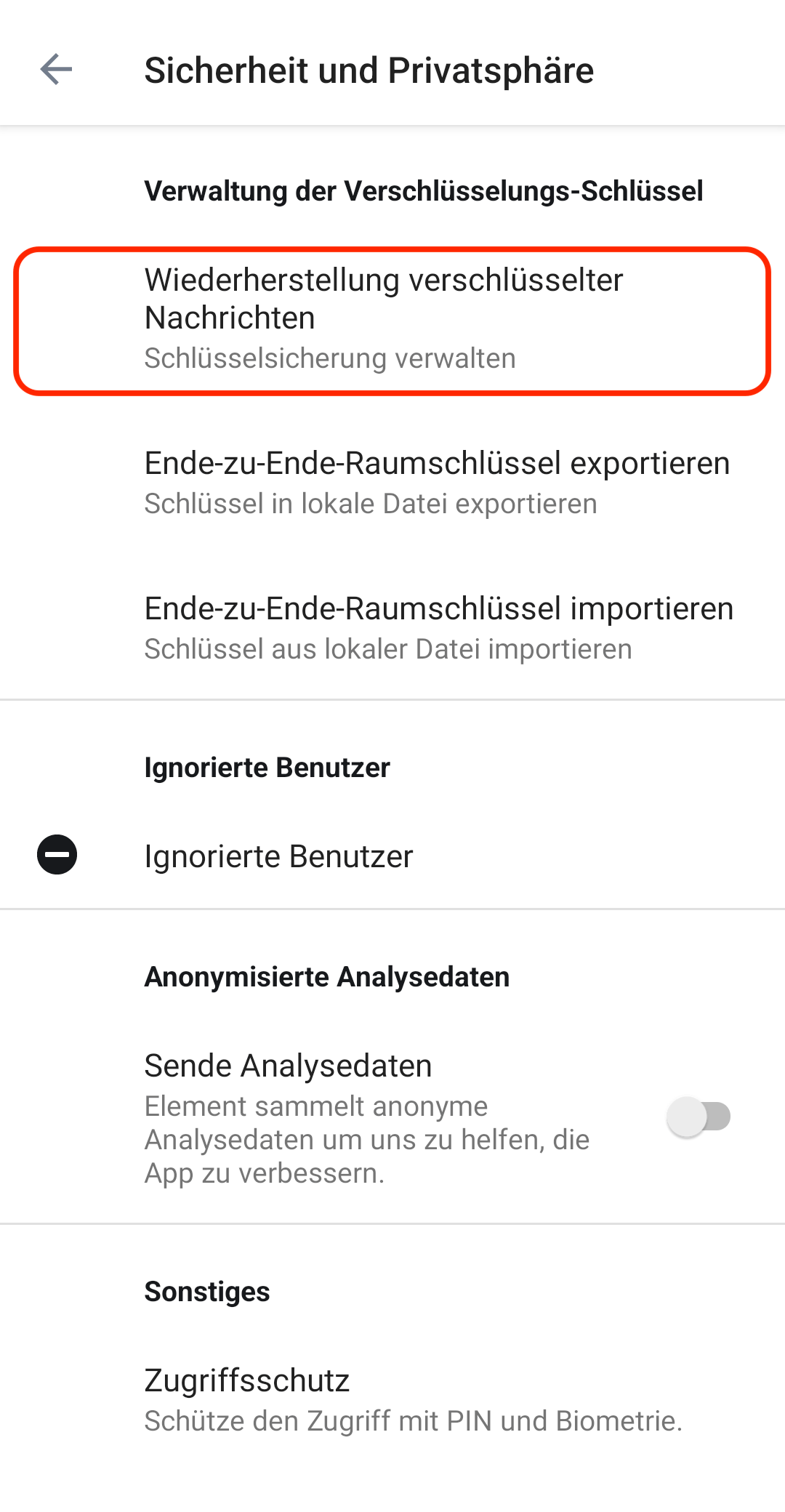 Achter Schritt zur Anmeldung von Element unter Android