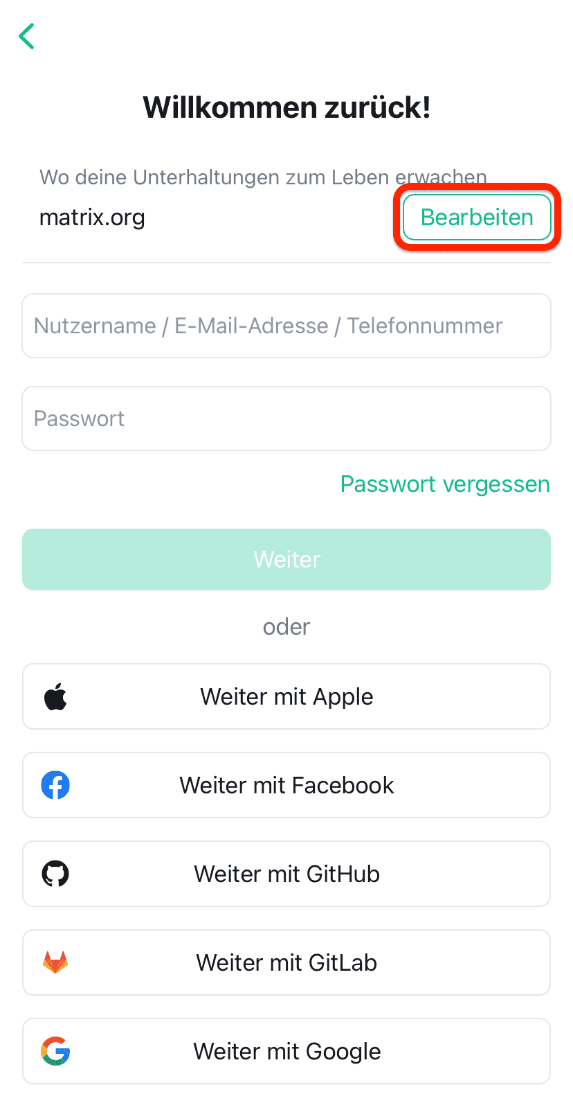 Zweiter Schritt zur Anmeldung von Element unter iOS